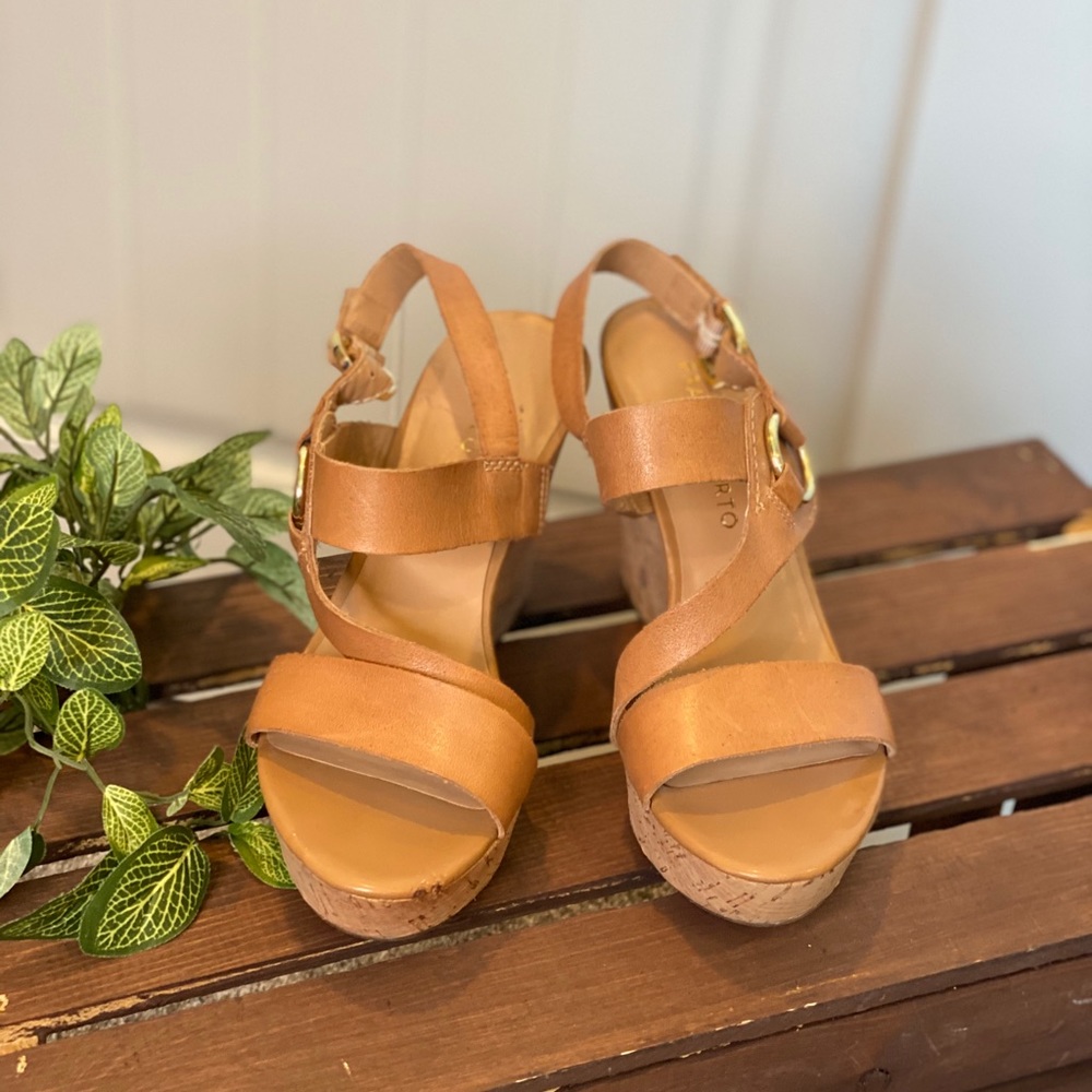 Franco Sarto Tan Wedge Ankle Strap Sandals